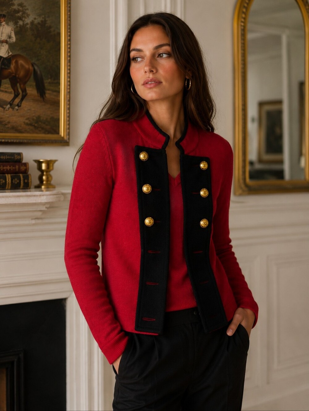 Women’s Ralph Lauren Red Military-Style Knit Jacket with Black Trim | Large